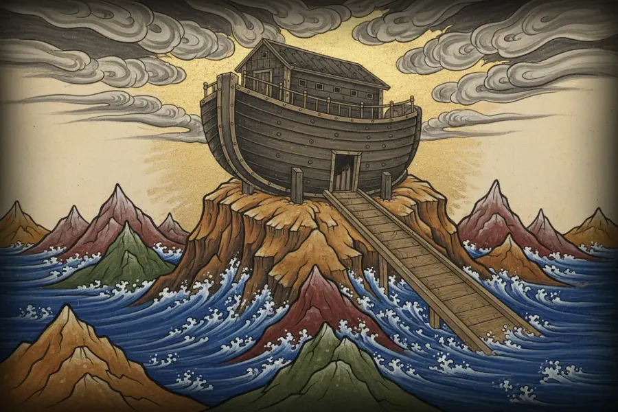 The ark on a mountain above the flood