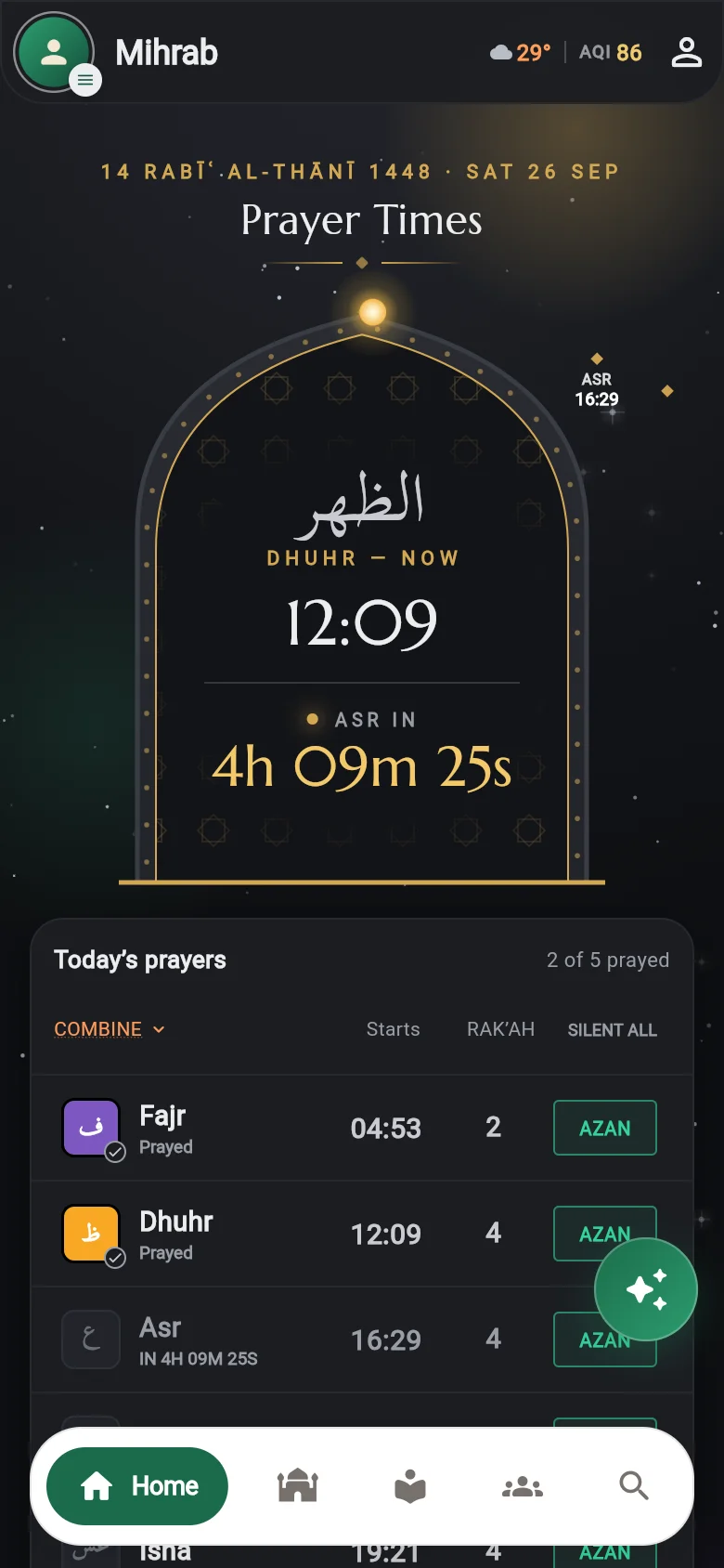 Mihrab dashboard: Dhuhr now at 12:09, Asr in 4 hours 9 minutes, with today's prayer list